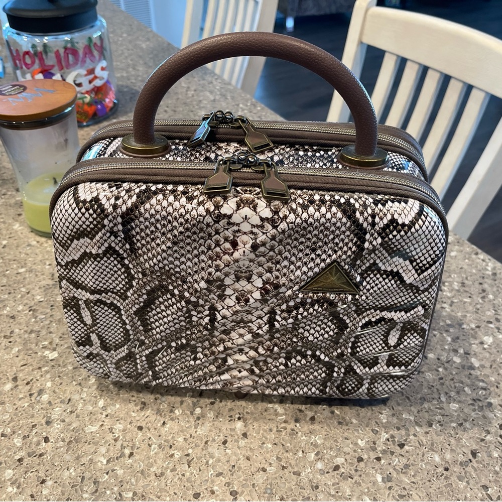 Snakeskin Print Makeup Case with Brown Handles